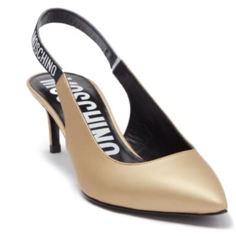 MOSCHINO Slingback Leather Kitten Heel Pump Gold